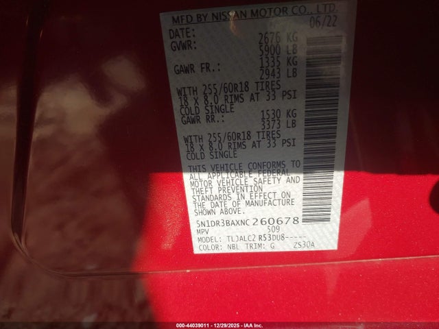 5N1DR3BAXNC260678 Nissan Pathfinder Sv 2wd