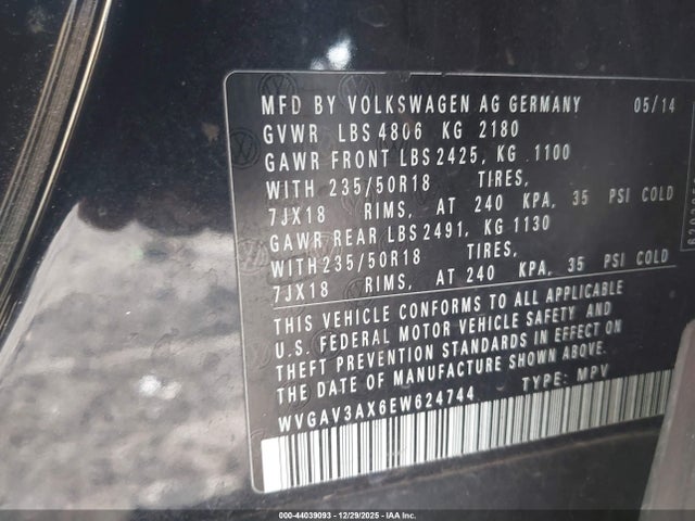 WVGAV3AX6EW624744 Volkswagen TIGUAN SE