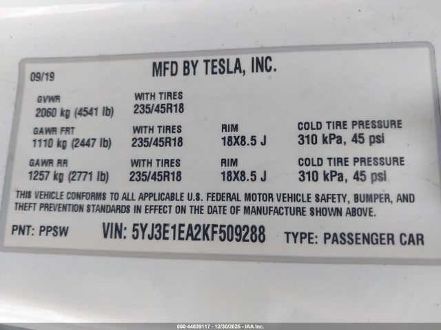 2019 TESLA MODEL 3 5YJ3E1EA2KF509288 Photo 8