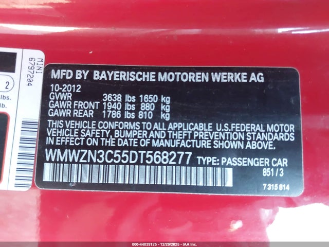 2013 MINI CONVERTIBLE WMWZN3C55DT568277 Photo 8