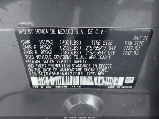 3CZRU5H54MM727096 Honda Hr-v 2wd Ex