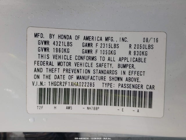 1HGCR2F1XHA022285 Honda Accord Sport Se