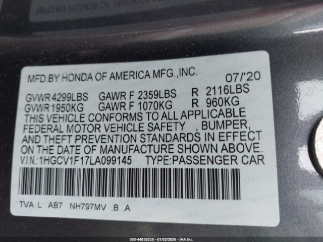 2020 HONDA ACCORD 1HGCV1F17LA099145 Photo 8