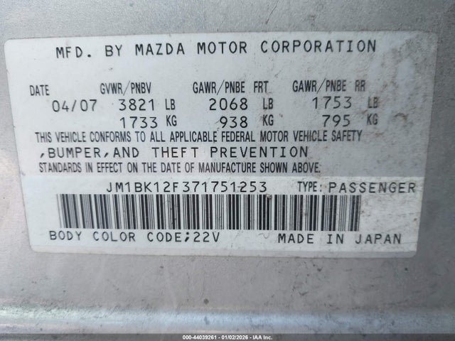 2007 MAZDA MAZDA3 JM1BK12F371751253 Photo 8