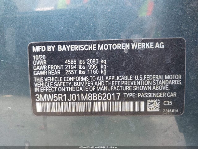 Продажа на аукционе авто 2021 Bmw 330i, vin: 3MW5R1J01M8B62017, номер лота: 44039322