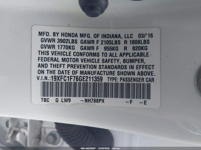 Honda Civic Ex-l 2016 19XFC1F76GE211359 Image 9
