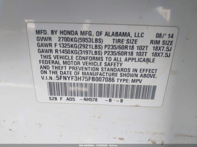 Honda Pilot Ex-l 2015 5FNYF3H75FB007086 Image 9