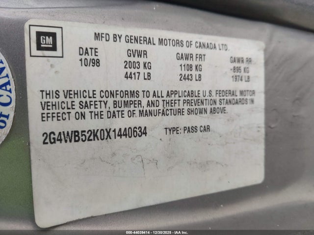 Aukcja sprzedaży 1999 Buick Regal Ls, vin: 2G4WB52K0X1440634, numer aukcji: 44039414