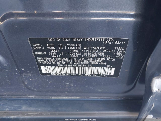 44039460 :رقم المزاد ، 4S4BSANC6H3381242 vin ، 2017 Subaru Outback 2.5i Limited مزاد بيع