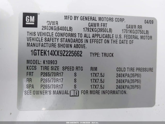 Auction sale of the 2009 Gmc Sierra 1500 Work Truck, vin: 1GTEK14XX9Z225662, lot number: 44039475