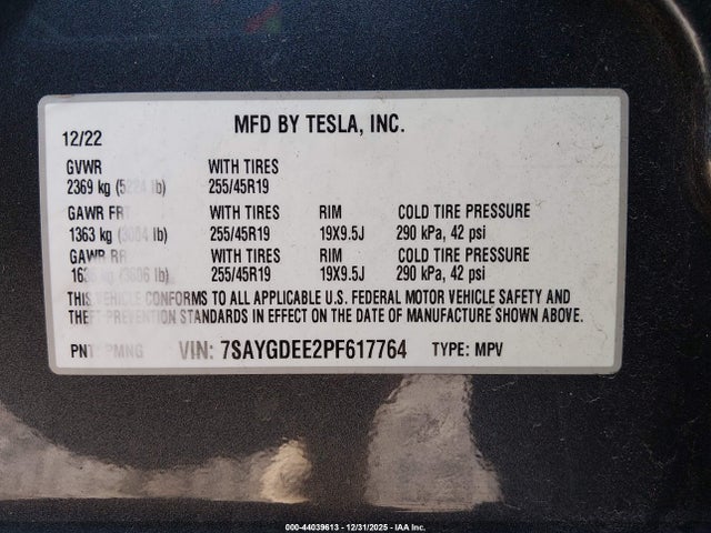 Продаж на аукціоні авто 2023 Tesla Model Y Awd/long Range Dual Motor All-wheel Drive, vin: 7SAYGDEE2PF617764, номер лоту: 44039613