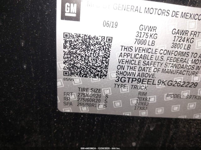 Продажа на аукционе авто 2019 Gmc Sierra 1500 At4, vin: 3GTP9EEL9KG262229, номер лота: 44039624