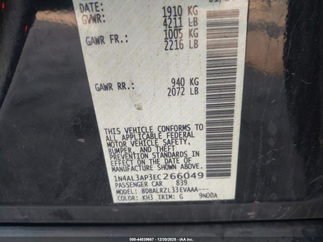 1N4AL3AP3EC266049 Nissan Altima 2.5/2.5 S/2.5 Sl/2.5 Sv