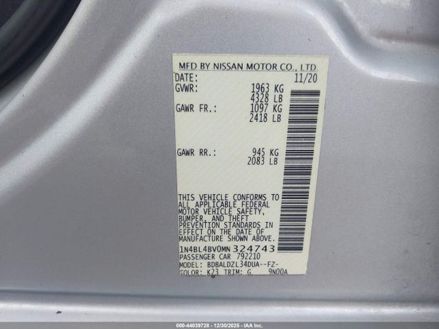 44039728 :رقم المزاد ، 1N4BL4BV0MN324743 vin ، 2021 Nissan Altima S Fwd مزاد بيع