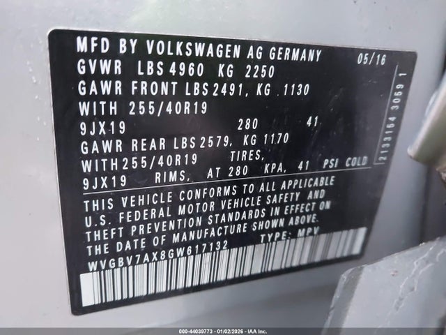 WVGBV7AX8GW617132 Volkswagen Tiguan Sel