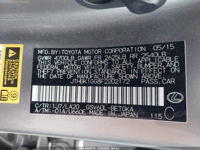 JTHBK1GG8F2202172 Lexus ES 350
