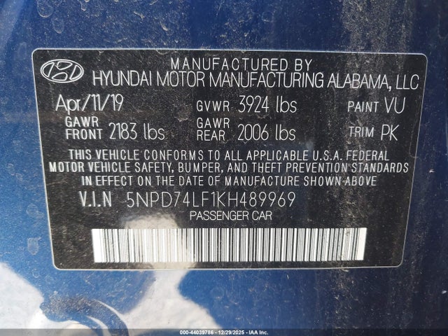 5NPD74LF1KH489969 Hyundai ELANTRA SE