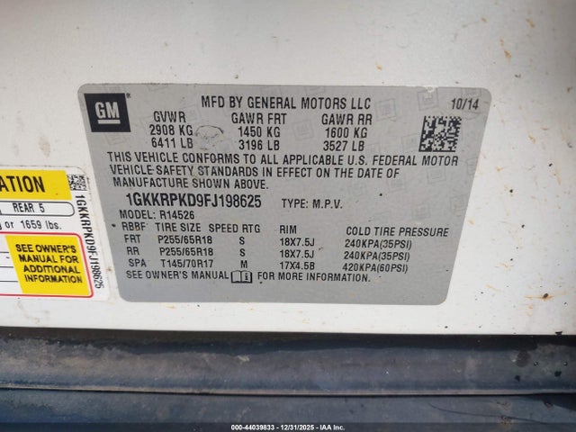 1GKKRPKD9FJ198625 GMC Acadia Sle-2