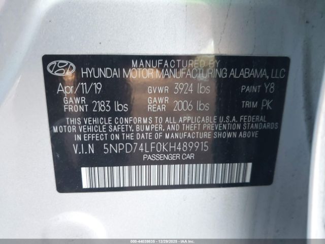 2019 HYUNDAI ELANTRA 5NPD74LF0KH489915 Photo 8