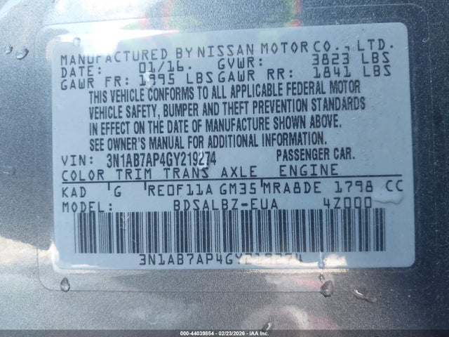 2016 Nissan Sentra Fe+ S/s/sl/sr/sv მანქანა იყიდება აუქციონზე, vin: 3N1AB7AP4GY219274, აუქციონის ნომერი: 44039854