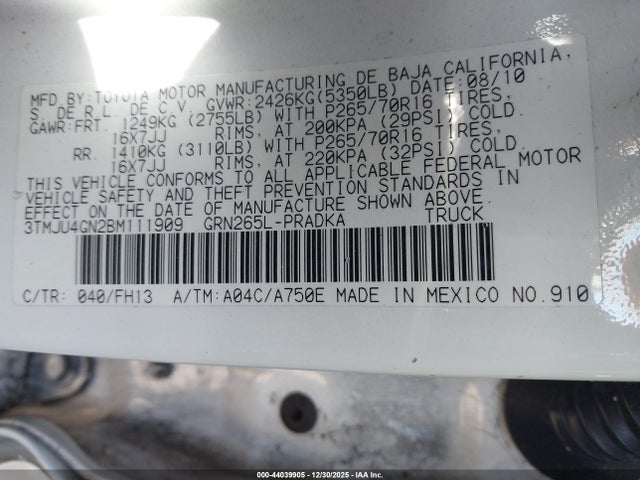 Продажа на аукционе авто 2011 Toyota Tacoma Prerunner V6, vin: 3TMJU4GN2BM111909, номер лота: 44039905