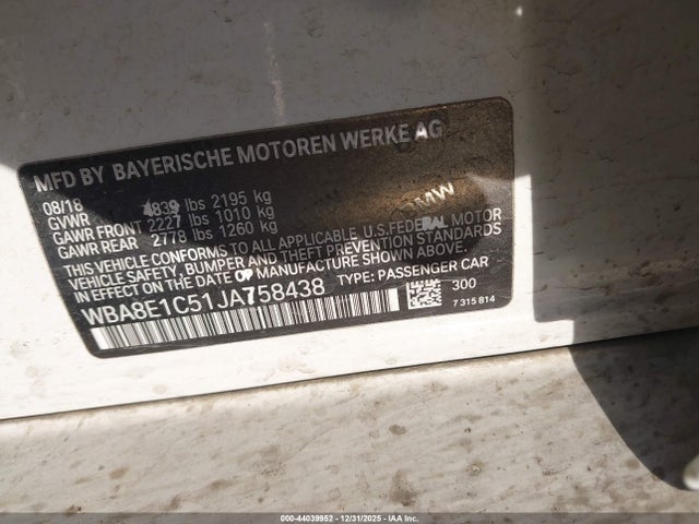 44039952 :رقم المزاد ، WBA8E1C51JA758438 vin ، 2018 Bmw 330e Iperformance مزاد بيع