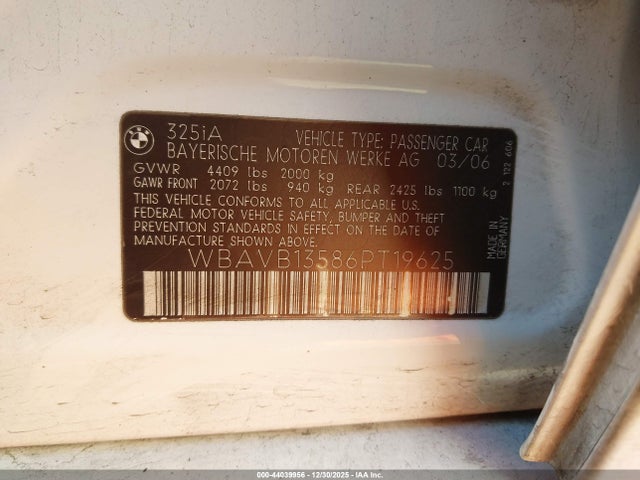 44039956 :رقم المزاد ، WBAVB13586PT19625 vin ، 2006 Bmw 325i مزاد بيع