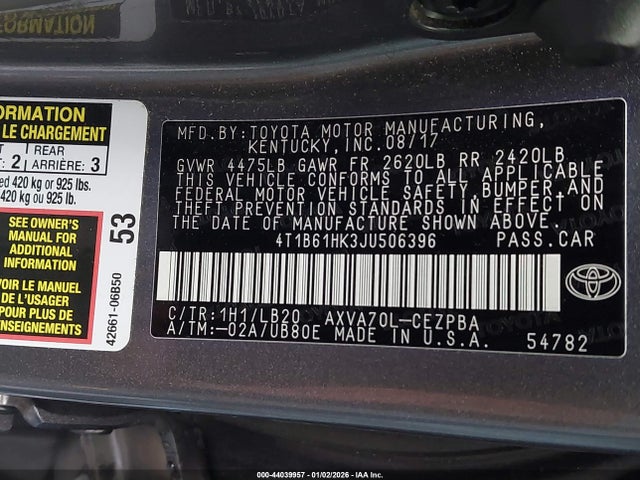 4T1B61HK3JU506396 Toyota CAMRY XSE