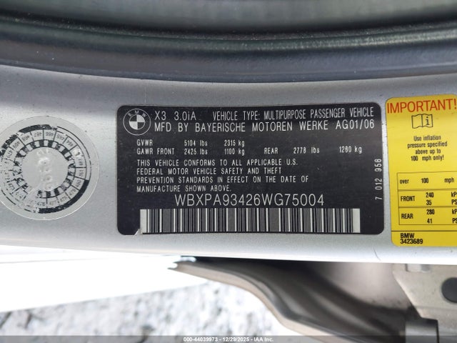 Продажа на аукционе авто 2006 Bmw X3 3.0i, vin: WBXPA93426WG75004, номер лота: 44039973