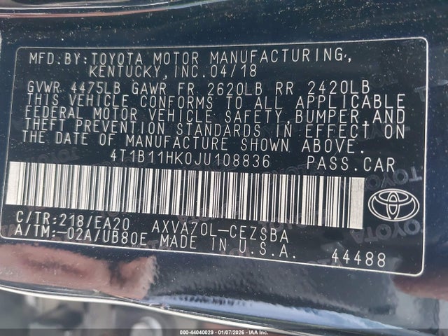 4T1B11HK0JU108836 Toyota CAMRY SE