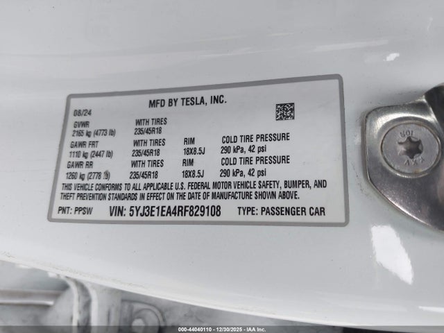 44040110 :رقم المزاد ، 5YJ3E1EA4RF829108 vin ، 2024 Tesla Model 3 Long Range Dual Motor All-wheel Drive/rear-wheel Drive مزاد بيع