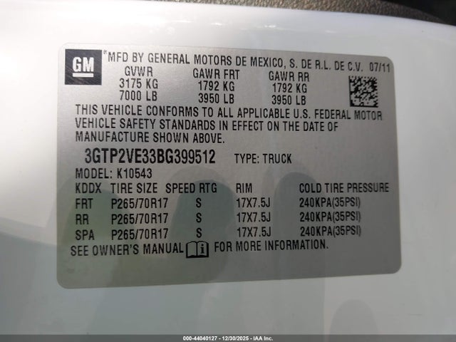 44040127 :رقم المزاد ، 3GTP2VE33BG399512 vin ، 2011 Gmc Sierra 1500 Sle مزاد بيع