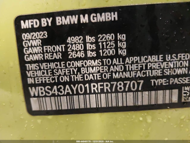 Aukcja sprzedaży 2024 Bmw M3 Competition Xdrive, vin: WBS43AY01RFR78707, numer aukcji: 44040179