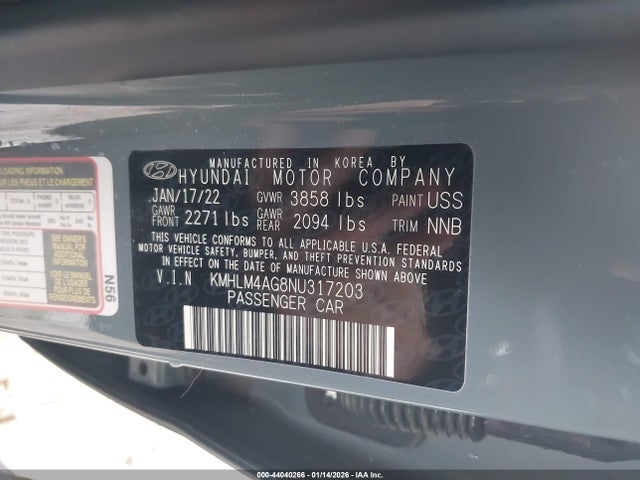 KMHLM4AG8NU317203 Hyundai ELANTRA SEL