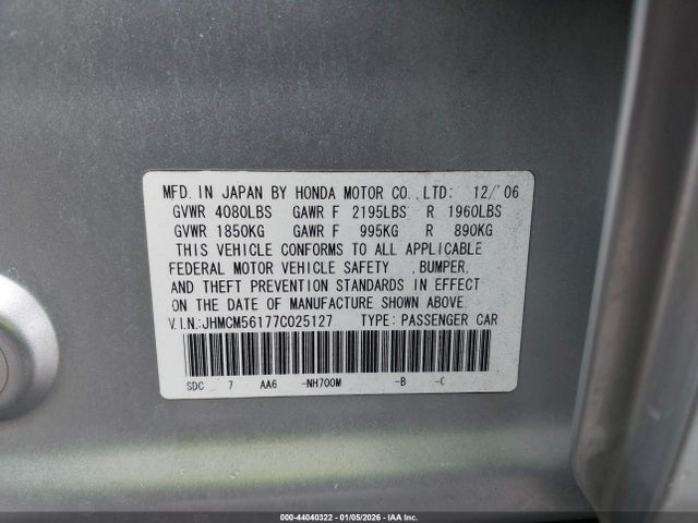 44040322 :رقم المزاد ، JHMCM56177C025127 vin ، 2007 Honda Accord 2.4 Vp مزاد بيع