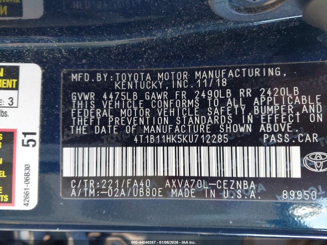 4T1B11HK5KU712285 Toyota CAMRY LE