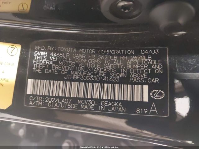 2003 LEXUS ES 300 JTHBF30G330141623 Photo 8