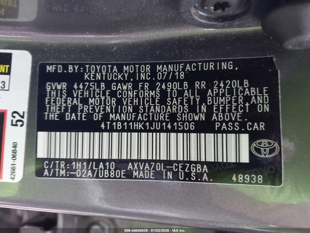 4T1B11HK1JU141506 Toyota CAMRY XLE