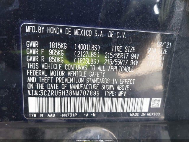 3CZRU5H38NM707899 Honda Hr-v 2wd Lx