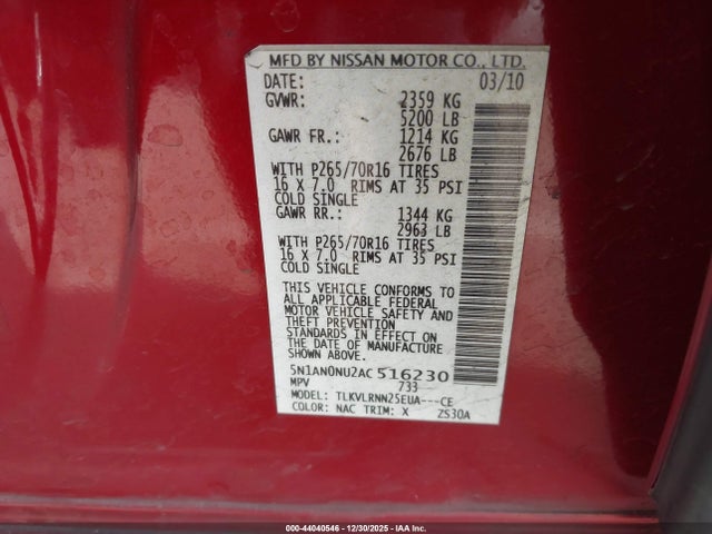 2010 NISSAN XTERRA 5N1AN0NU2AC516230 Photo 8