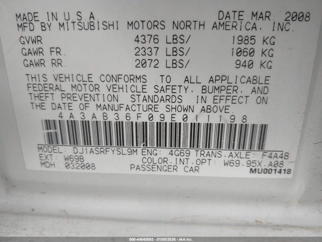 2009 MITSUBISHI GALANT 4A3AB36F09E011198 Photo 8