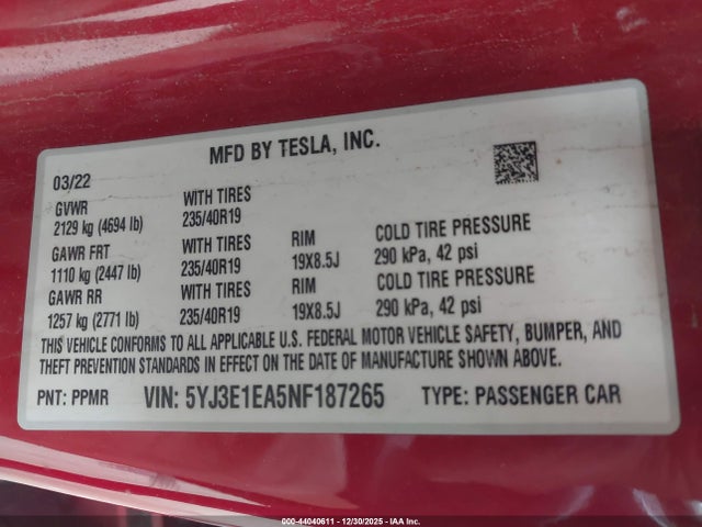 2022 TESLA MODEL 3 5YJ3E1EA5NF187265 Photo 8
