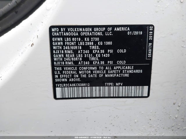 44040632 :رقم المزاد ، 1V2LR2CA8KC538612 vin ، 2019 Volkswagen Atlas 3.6l V6 Se مزاد بيع