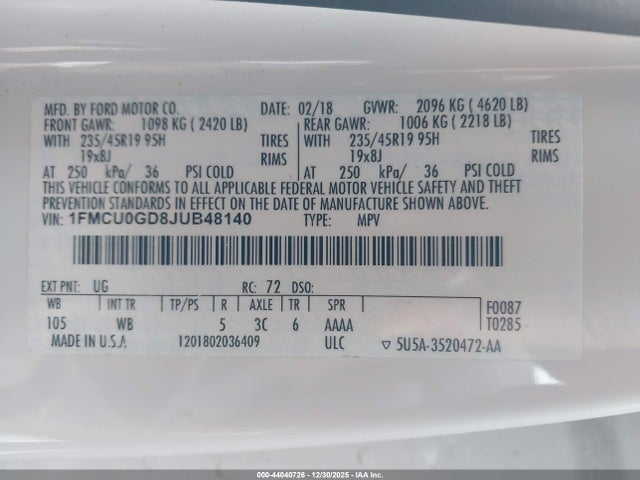 1FMCU0GD8JUB48140 Ford ESCAPE SE