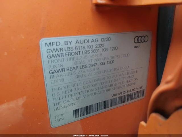 Aukcja sprzedaży 2020 Audi Q3 Premium 45 Tfsi Quattro Tiptronic, vin: WA1AECF38L1074865, numer aukcji: 44040943
