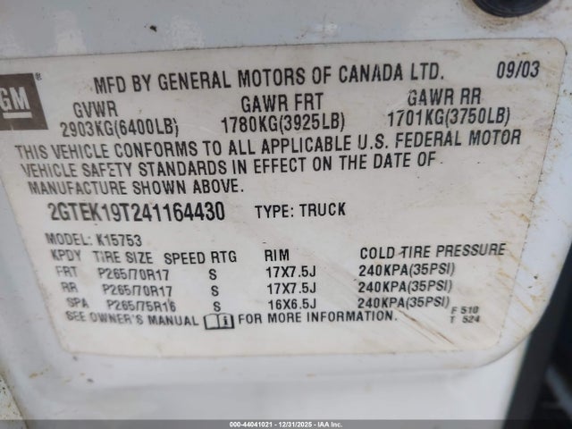 44041021 :رقم المزاد ، 2GTEK19T241164430 vin ، 2004 Gmc Sierra 1500 Slt مزاد بيع