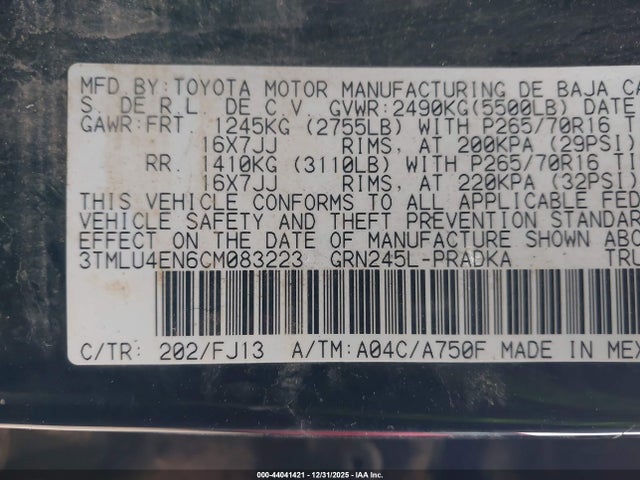 44041421 :رقم المزاد ، 3TMLU4EN6CM083223 vin ، 2012 Toyota Tacoma Base V6 مزاد بيع