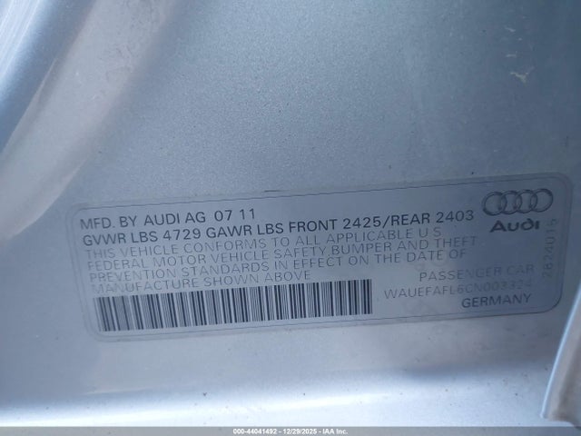 44041492 :رقم المزاد ، WAUEFAFL6CN003324 vin ، 2012 Audi A4 2.0t Premium مزاد بيع