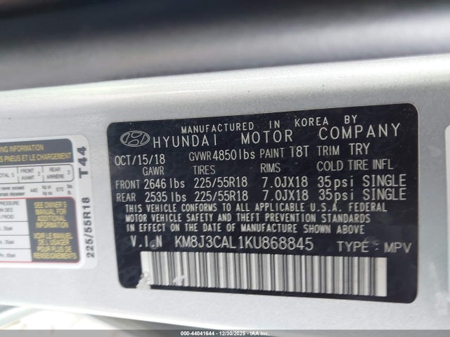 KM8J3CAL1KU868845 Hyundai Tucson Limited