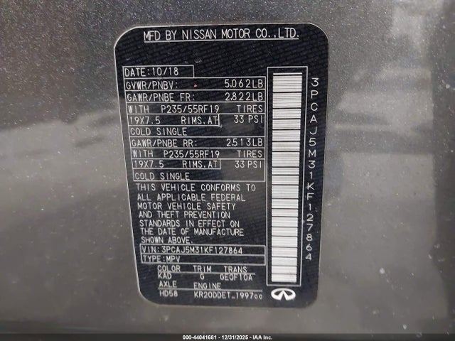 Auction sale of the 2019 Infiniti Qx50 Luxe, vin: 3PCAJ5M31KF127864, lot number: 44041681